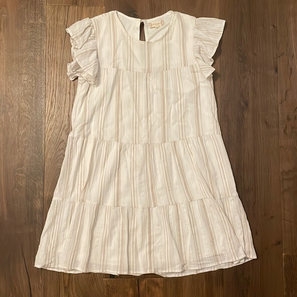 A-line white flowy dress, white with tan stripes, fully lined